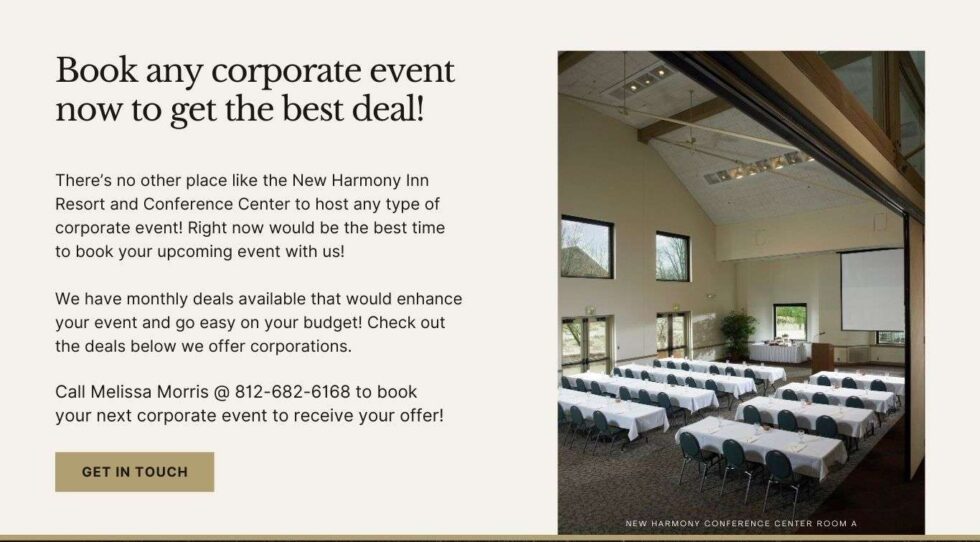 Contact Melissa Morris at New Harmony Inn for Corporate Meetings